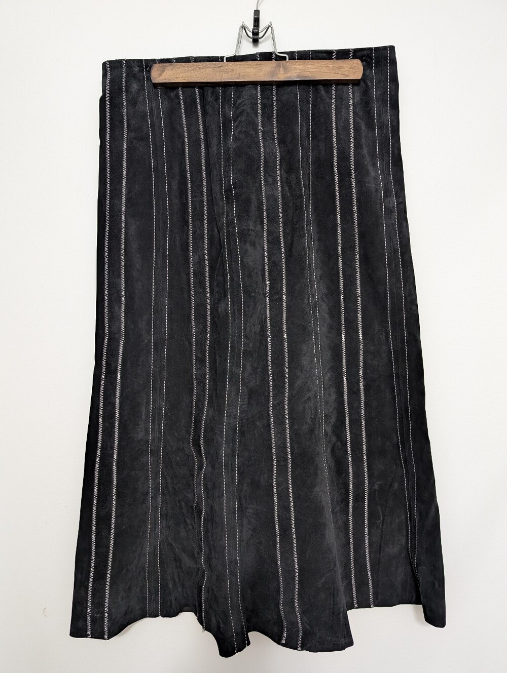 Vintage Danier 90's Suede Skirt Genuine Leather Black High Waist Midi Pinstripes